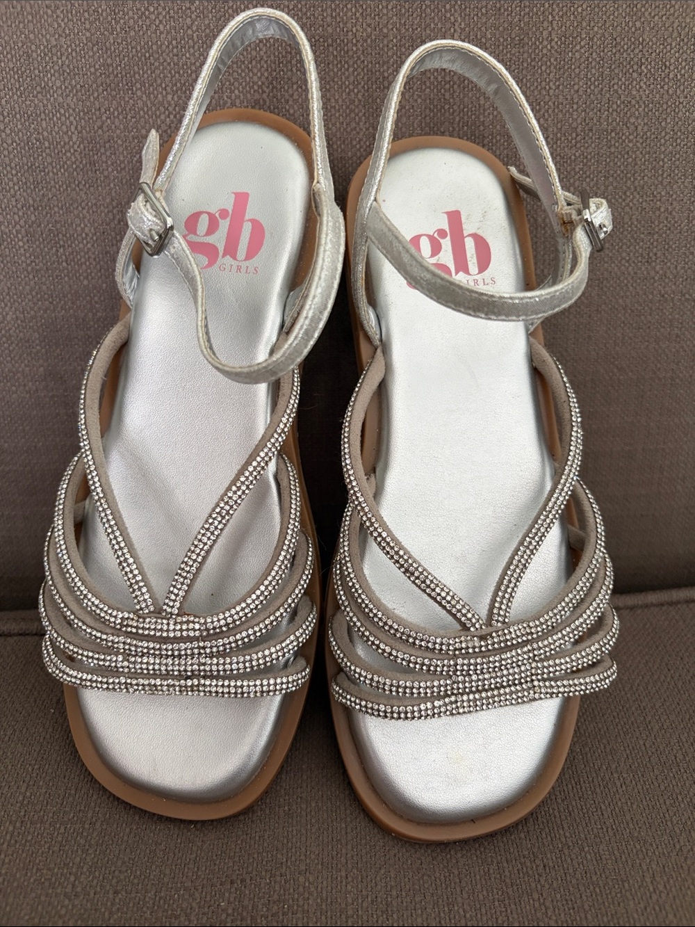 GB girls Silver Rhinestone Strappy Slingback Sandals